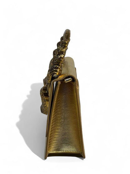 Roberto Cavalli Gold Lizard-Effect Bag with Sculpted Snake Handle 🐍✨ | Daring Luxury & Italian Glamour