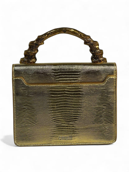 Roberto Cavalli Gold Lizard-Effect Bag with Sculpted Snake Handle 🐍✨ | Daring Luxury & Italian Glamour