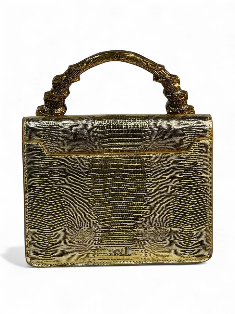 Roberto Cavalli Gold Lizard-Effect Bag with Sculpted Snake Handle 🐍✨ | Daring Luxury & Italian Glamour