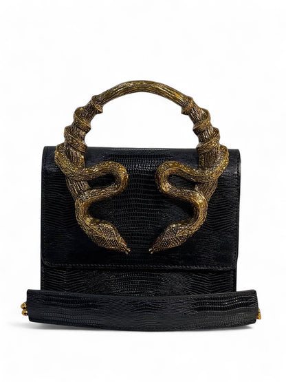 Roberto Cavalli Black Lizard-Effect Bag with Sculpted Snake Handle 🐍🖤 | Bold Italian Elegance