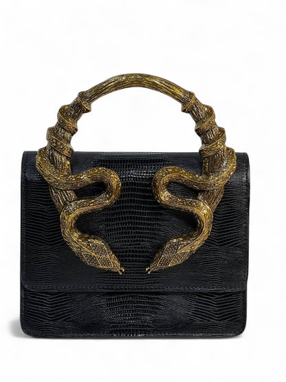 Roberto Cavalli Black Lizard-Effect Bag with Sculpted Snake Handle 🐍🖤 | Bold Italian Elegance
