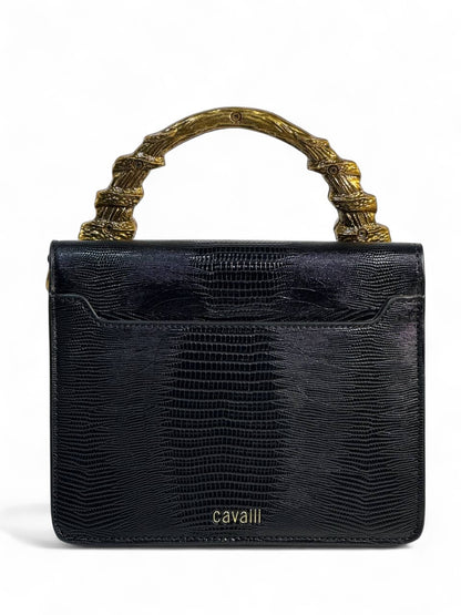 Roberto Cavalli Black Lizard-Effect Bag with Sculpted Snake Handle 🐍🖤 | Bold Italian Elegance