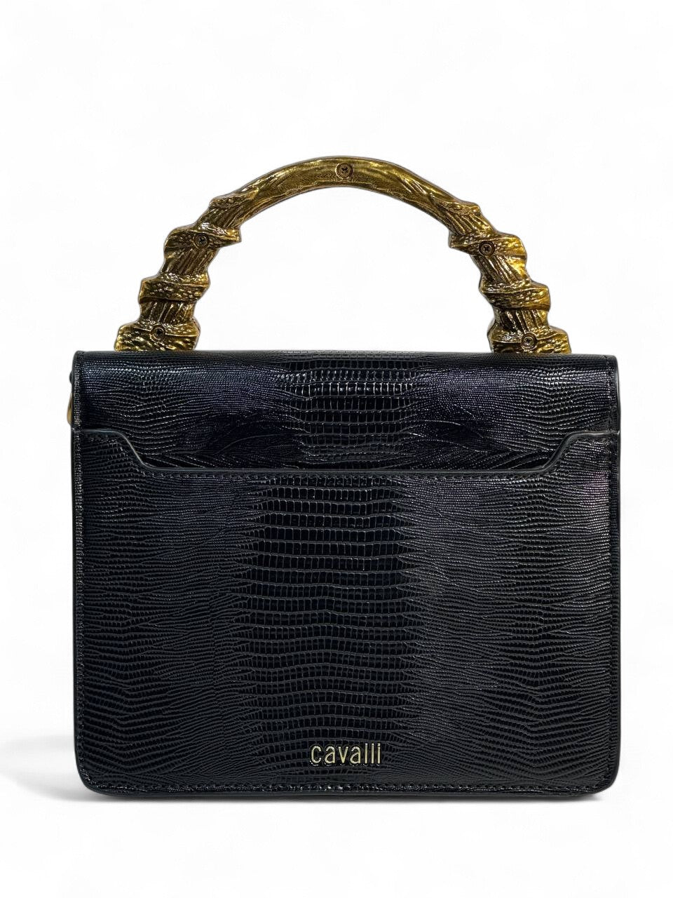 Roberto Cavalli Black Lizard-Effect Bag with Sculpted Snake Handle 🐍🖤 | Bold Italian Elegance