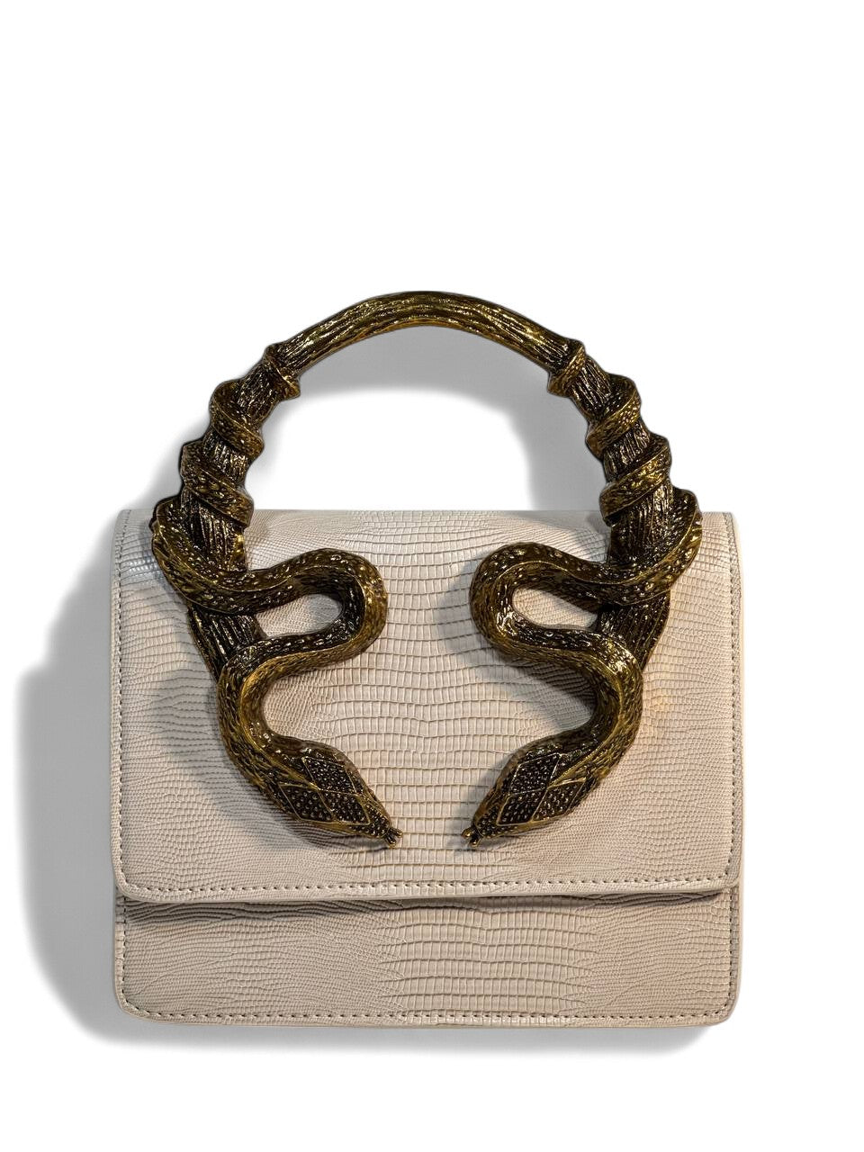 Roberto Cavalli Ivory Lizard-Effect Bag with Sculpted Snake Handle 🤍🐍 | Elegant Italian Luxury