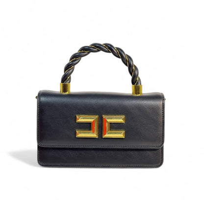 Elisabetta Franchi Black Leather Handbag 🖤 | Gold 3D Logo & Twisted Handle Bag