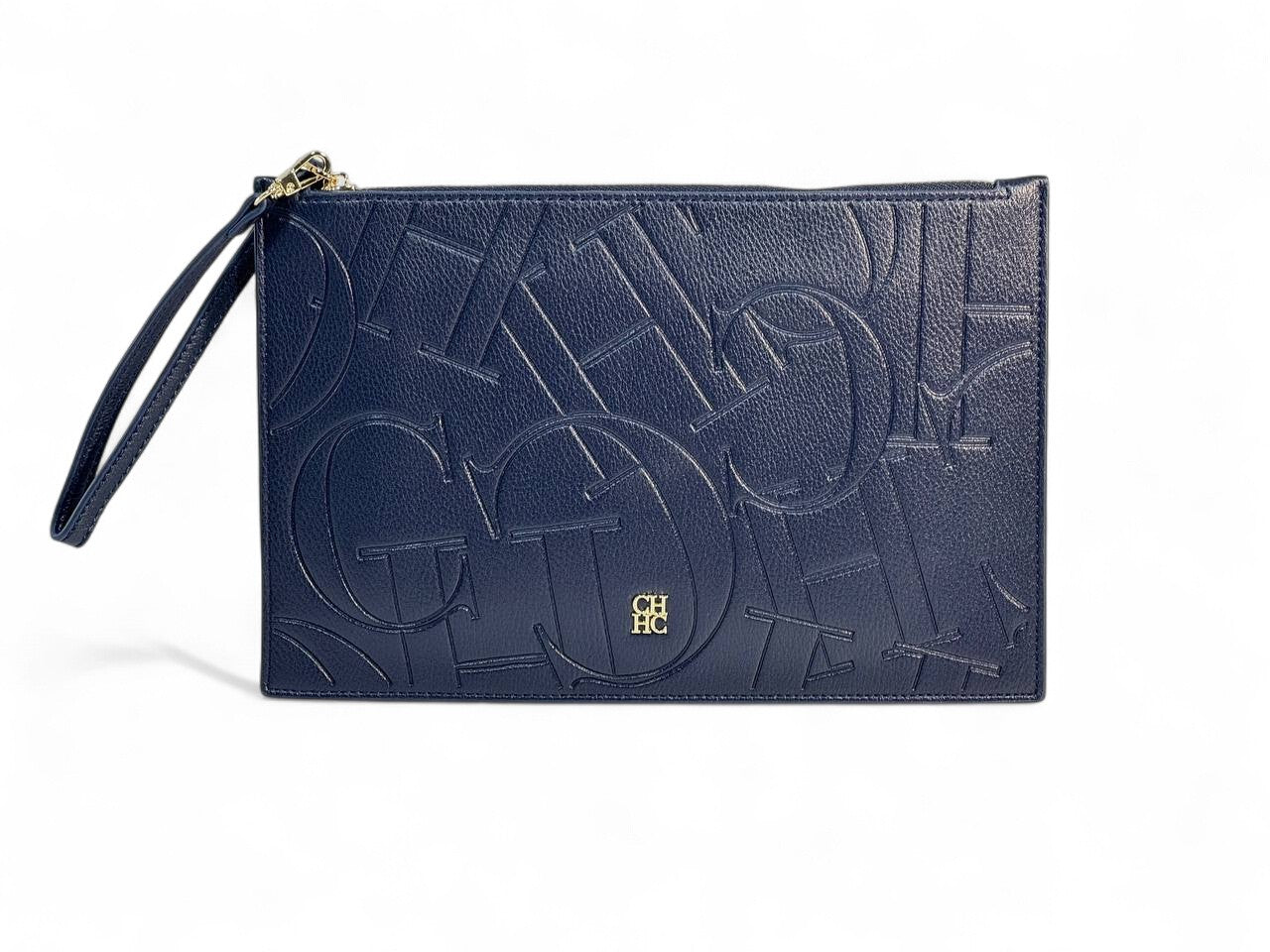 Carolina Herrera Navy Monogram Clutch 💙 | Embossed CH Logo Leather Wristlet