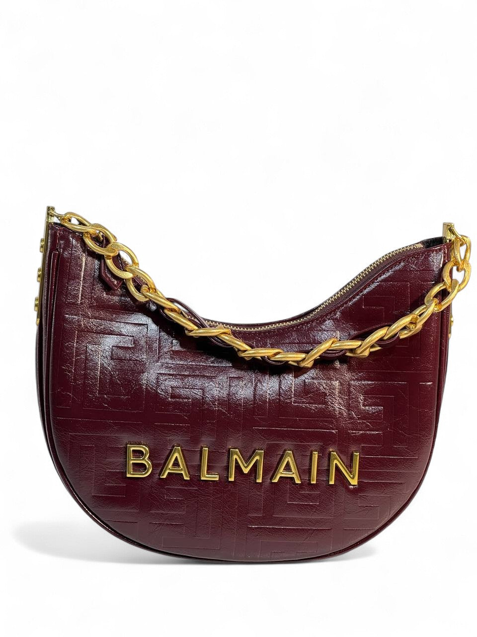 Balmain Burgundy Embossed Shoulder Bag 🍷 | Gold Chain Crescent Luxury Bag