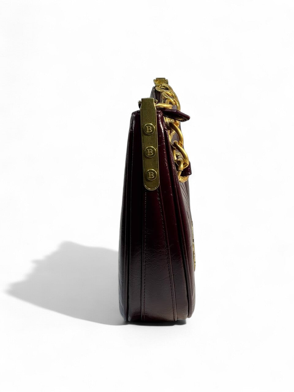 Balmain Burgundy Embossed Shoulder Bag 🍷 | Gold Chain Crescent Luxury Bag