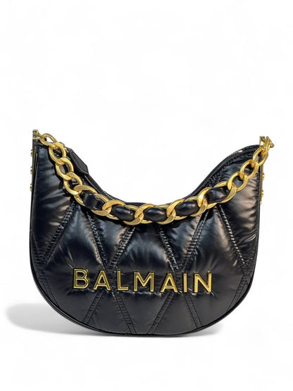 Balmain Quilted Black Crescent Bag 🖤 | Gold Chain Luxury Shoulder Bag