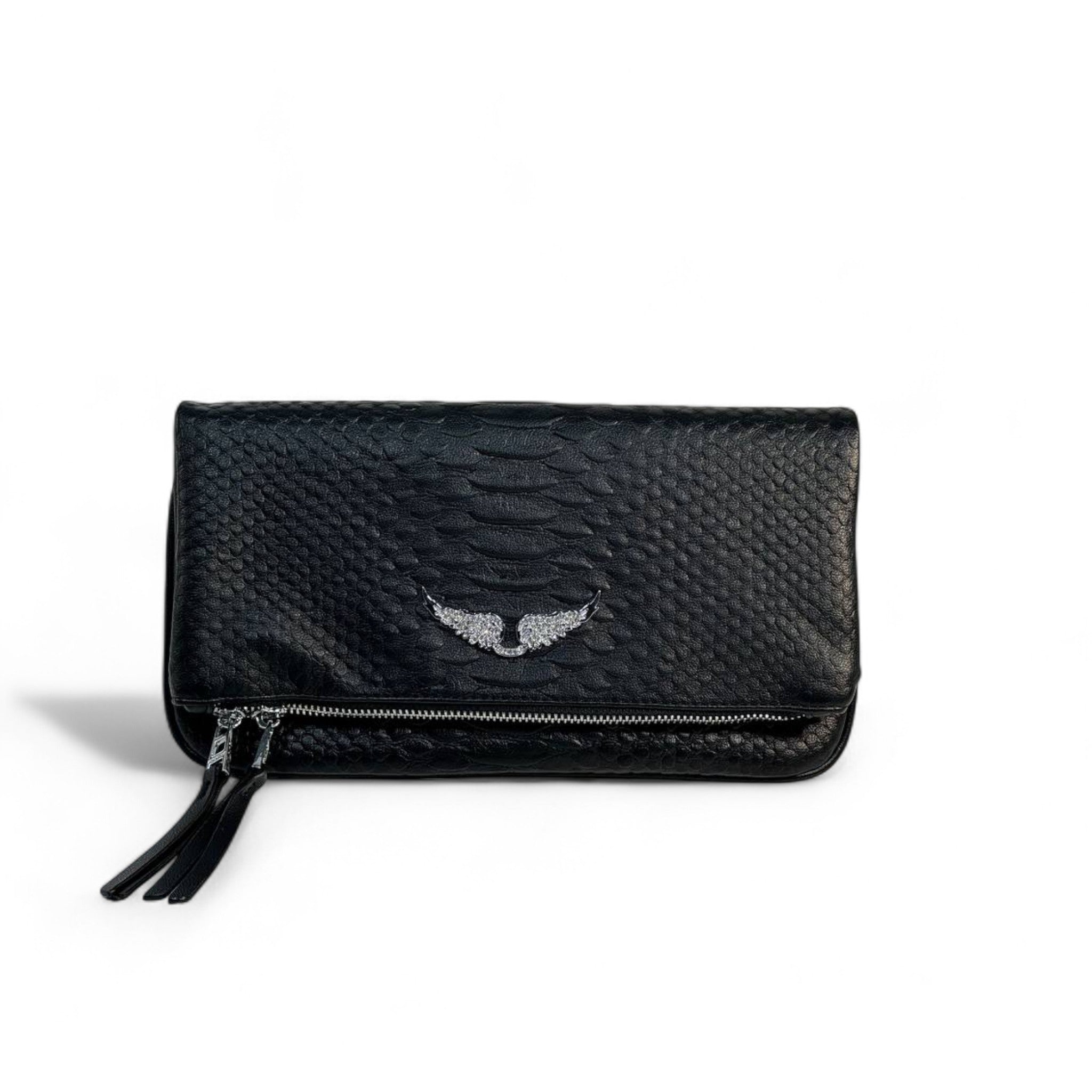 Zadig & Voltaire Python-Textured Clutch 🖤 | Silver Wings Luxury Evening Bag