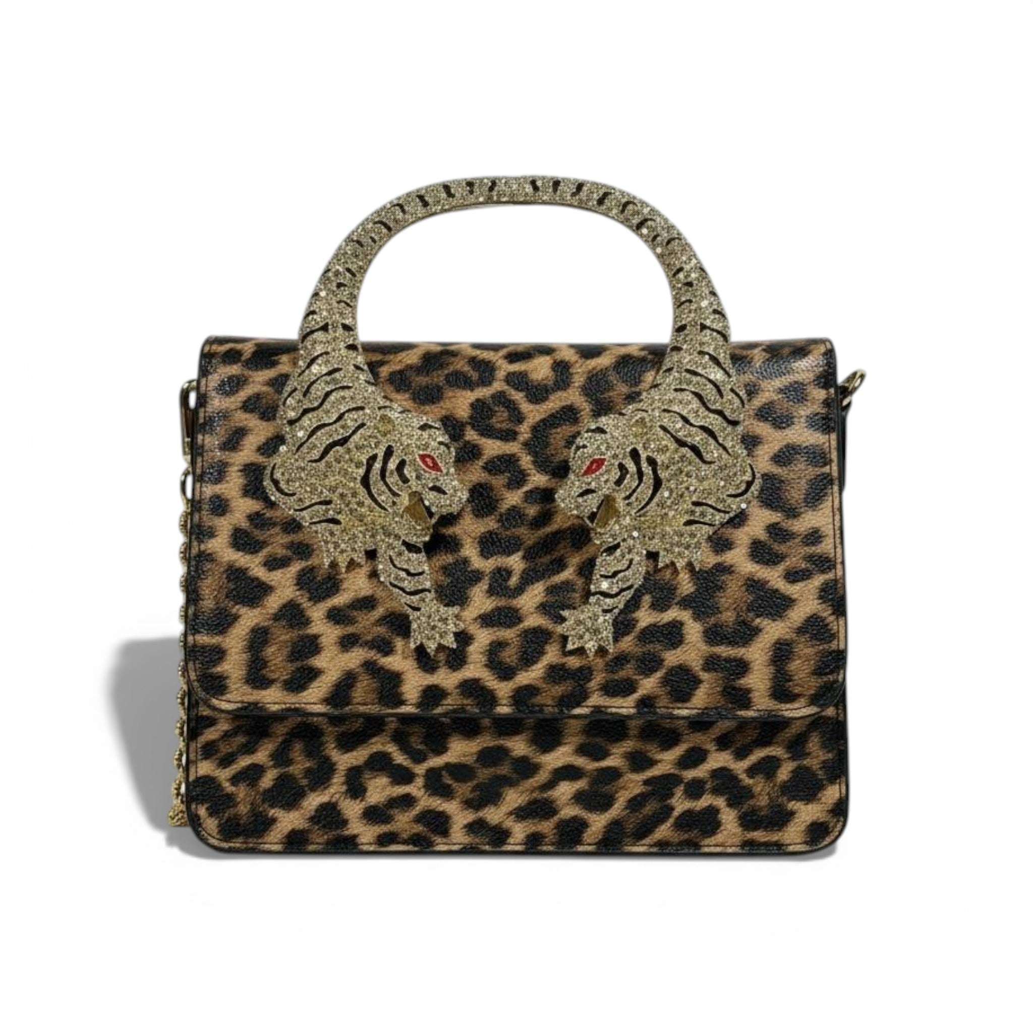 👜 Roberto Cavalli Leopard Top Handle Bag with Tiger Head Handle
