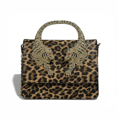 👜 Roberto Cavalli Leopard Top Handle Bag with Tiger Head Handle