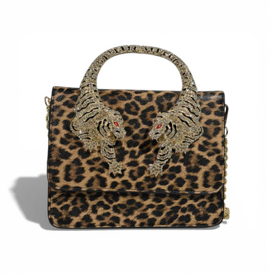 👜 Roberto Cavalli Leopard Top Handle Bag with Tiger Head Handle