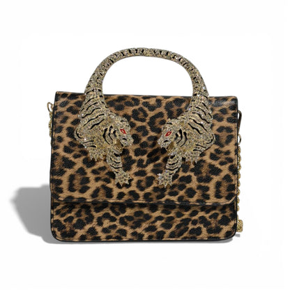 👜 Roberto Cavalli Leopard Top Handle Bag with Tiger Head Handle