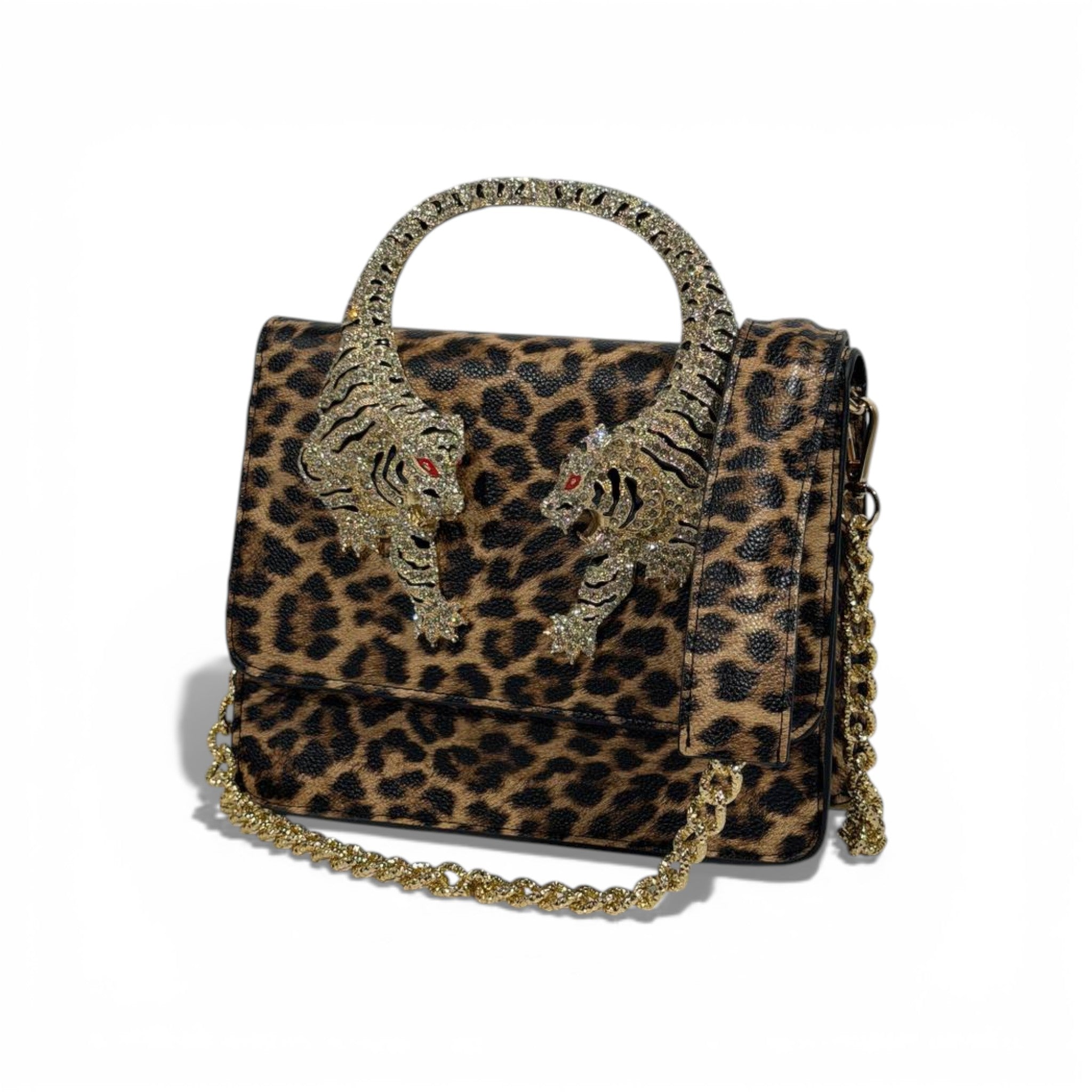 👜 Roberto Cavalli Leopard Top Handle Bag with Tiger Head Handle