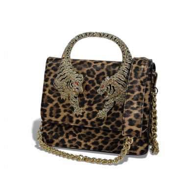 👜 Roberto Cavalli Leopard Top Handle Bag with Tiger Head Handle