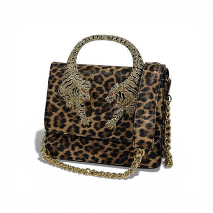 👜 Roberto Cavalli Leopard Top Handle Bag with Tiger Head Handle