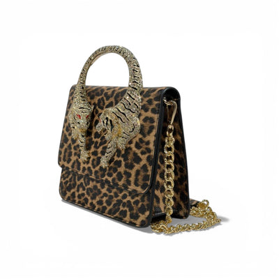 👜 Roberto Cavalli Leopard Top Handle Bag with Tiger Head Handle