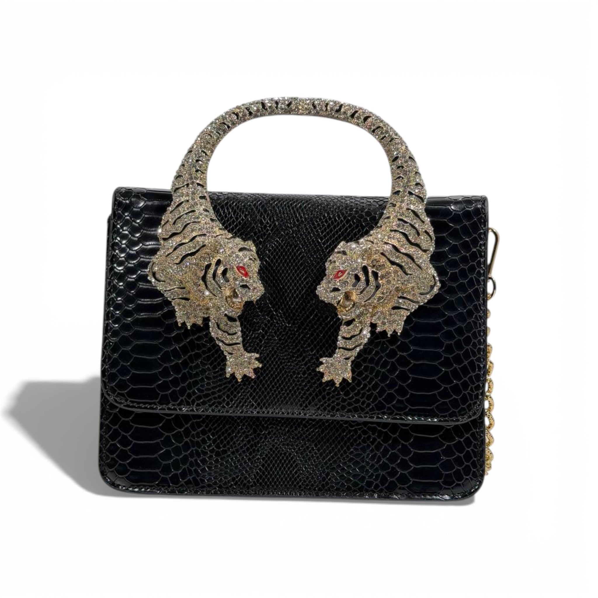 👜 Roberto Cavalli Black Snake-Effect Top Handle Bag with Tiger Head Handle