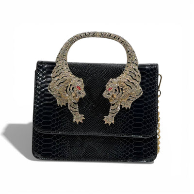 👜 Roberto Cavalli Black Snake-Effect Top Handle Bag with Tiger Head Handle