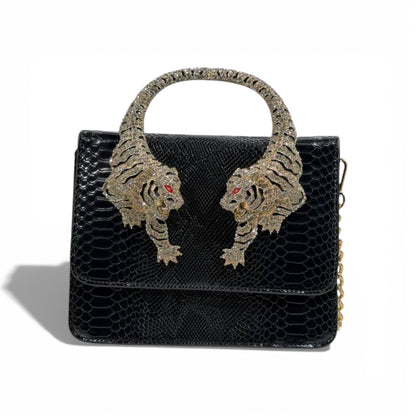 👜 Roberto Cavalli Black Snake-Effect Top Handle Bag with Tiger Head Handle
