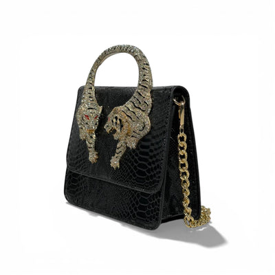 👜 Roberto Cavalli Black Snake-Effect Top Handle Bag with Tiger Head Handle