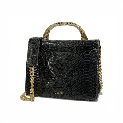 👜 Roberto Cavalli Black Snake-Effect Top Handle Bag with Tiger Head Handle