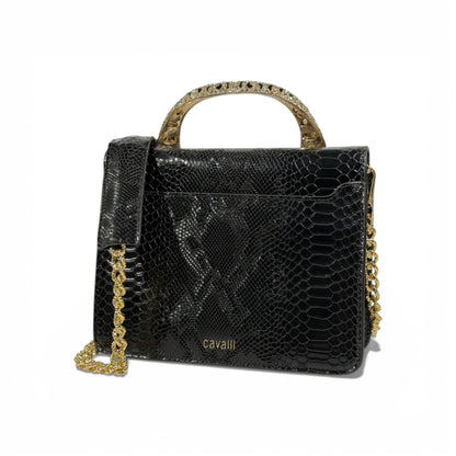 👜 Roberto Cavalli Black Snake-Effect Top Handle Bag with Tiger Head Handle