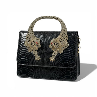👜 Roberto Cavalli Black Snake-Effect Top Handle Bag with Tiger Head Handle