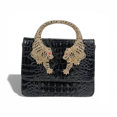 👜 Roberto Cavalli Black Crocodile-Effect Top Handle Bag with Tiger Head Handle