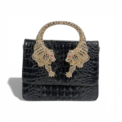 👜 Roberto Cavalli Black Crocodile-Effect Top Handle Bag with Tiger Head Handle