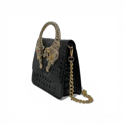 👜 Roberto Cavalli Black Crocodile-Effect Top Handle Bag with Tiger Head Handle