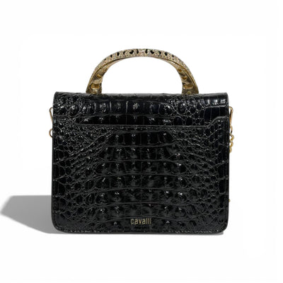 👜 Roberto Cavalli Black Crocodile-Effect Top Handle Bag with Tiger Head Handle