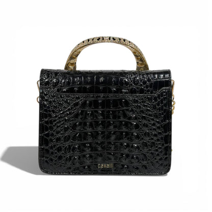 👜 Roberto Cavalli Black Crocodile-Effect Top Handle Bag with Tiger Head Handle