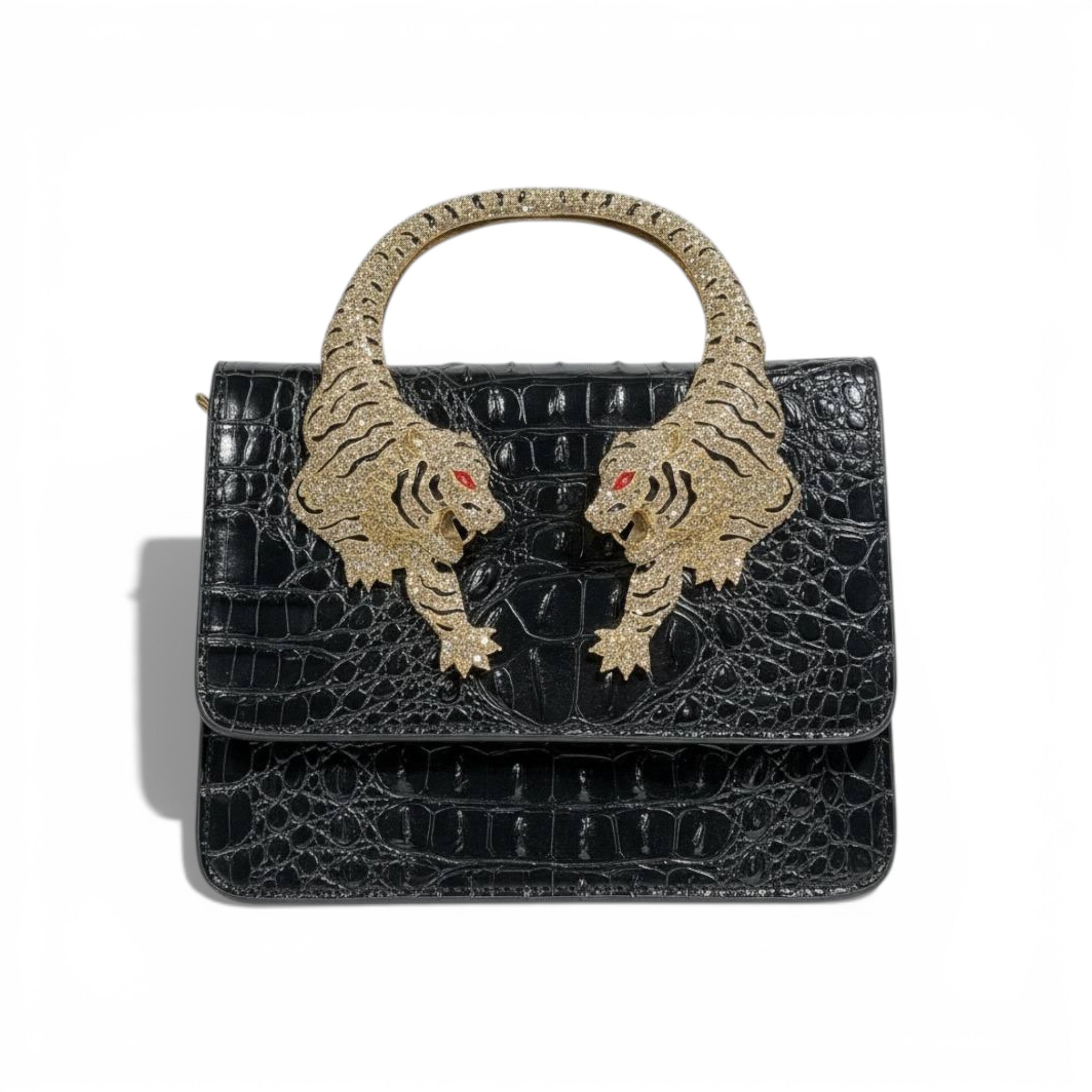 👜 Roberto Cavalli Black Crocodile-Effect Top Handle Bag with Tiger Head Handle