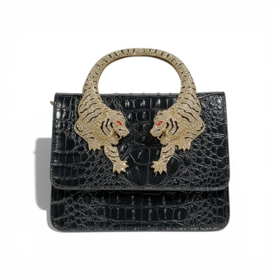 👜 Roberto Cavalli Black Crocodile-Effect Top Handle Bag with Tiger Head Handle