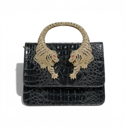 👜 Roberto Cavalli Black Crocodile-Effect Top Handle Bag with Tiger Head Handle