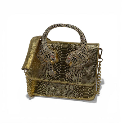 👜 Roberto Cavalli Gold Snake-Effect Top Handle Bag with Tiger Head Handle