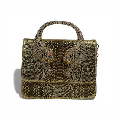 👜 Roberto Cavalli Gold Snake-Effect Top Handle Bag with Tiger Head Handle