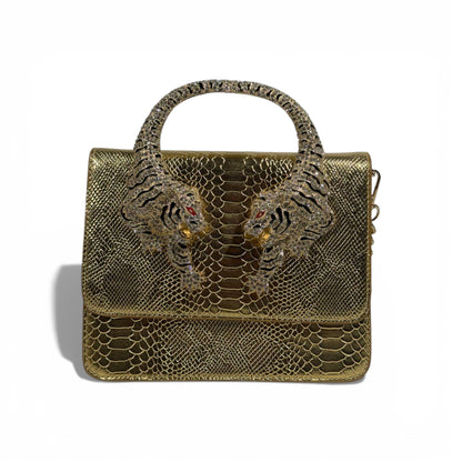 👜 Roberto Cavalli Gold Snake-Effect Top Handle Bag with Tiger Head Handle