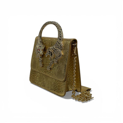 👜 Roberto Cavalli Gold Snake-Effect Top Handle Bag with Tiger Head Handle