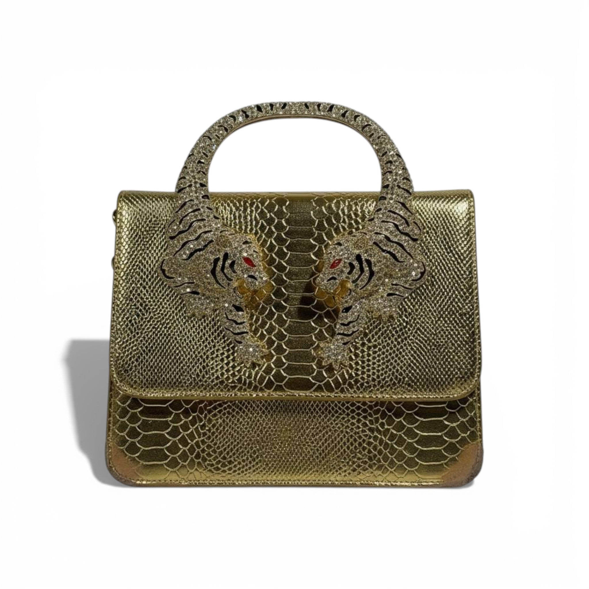 👜 Roberto Cavalli Gold Snake-Effect Top Handle Bag with Tiger Head Handle
