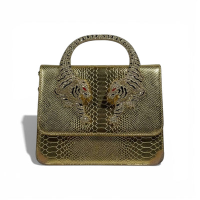 👜 Roberto Cavalli Gold Snake-Effect Top Handle Bag with Tiger Head Handle