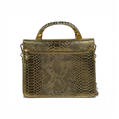 👜 Roberto Cavalli Gold Snake-Effect Top Handle Bag with Tiger Head Handle