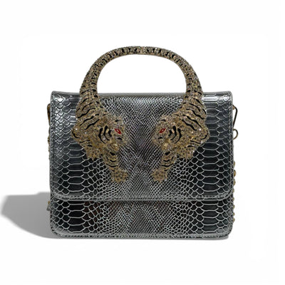 👜 Roberto Cavalli Silver Snake-Effect Top Handle Bag with Tiger Head Handle