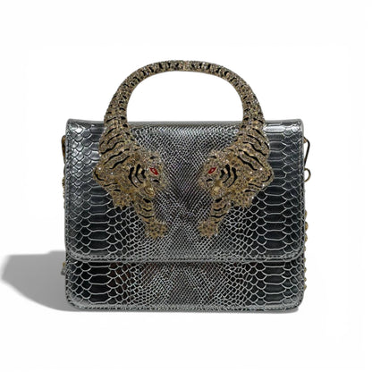 👜 Roberto Cavalli Silver Snake-Effect Top Handle Bag with Tiger Head Handle