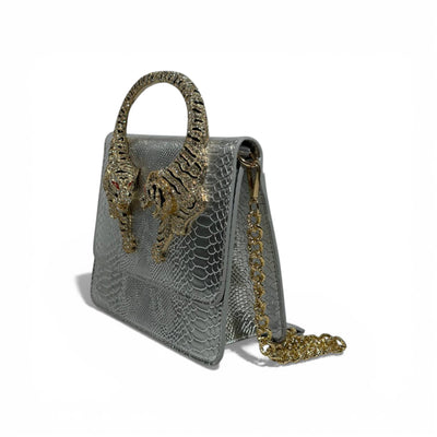 👜 Roberto Cavalli Silver Snake-Effect Top Handle Bag with Tiger Head Handle