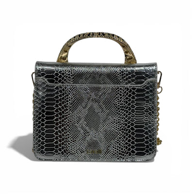 👜 Roberto Cavalli Silver Snake-Effect Top Handle Bag with Tiger Head Handle
