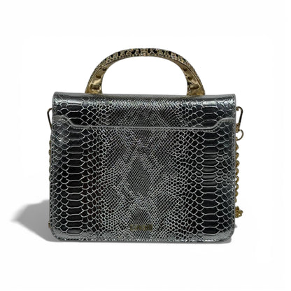 👜 Roberto Cavalli Silver Snake-Effect Top Handle Bag with Tiger Head Handle
