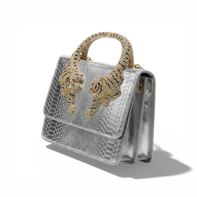 👜 Roberto Cavalli Silver Snake-Effect Top Handle Bag with Tiger Head Handle